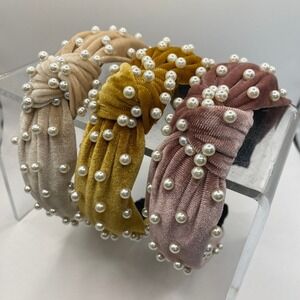 Velvet Embellished Faux Pearls Twisted Knot Headbands Lot of 3 Mauve Gold Beige